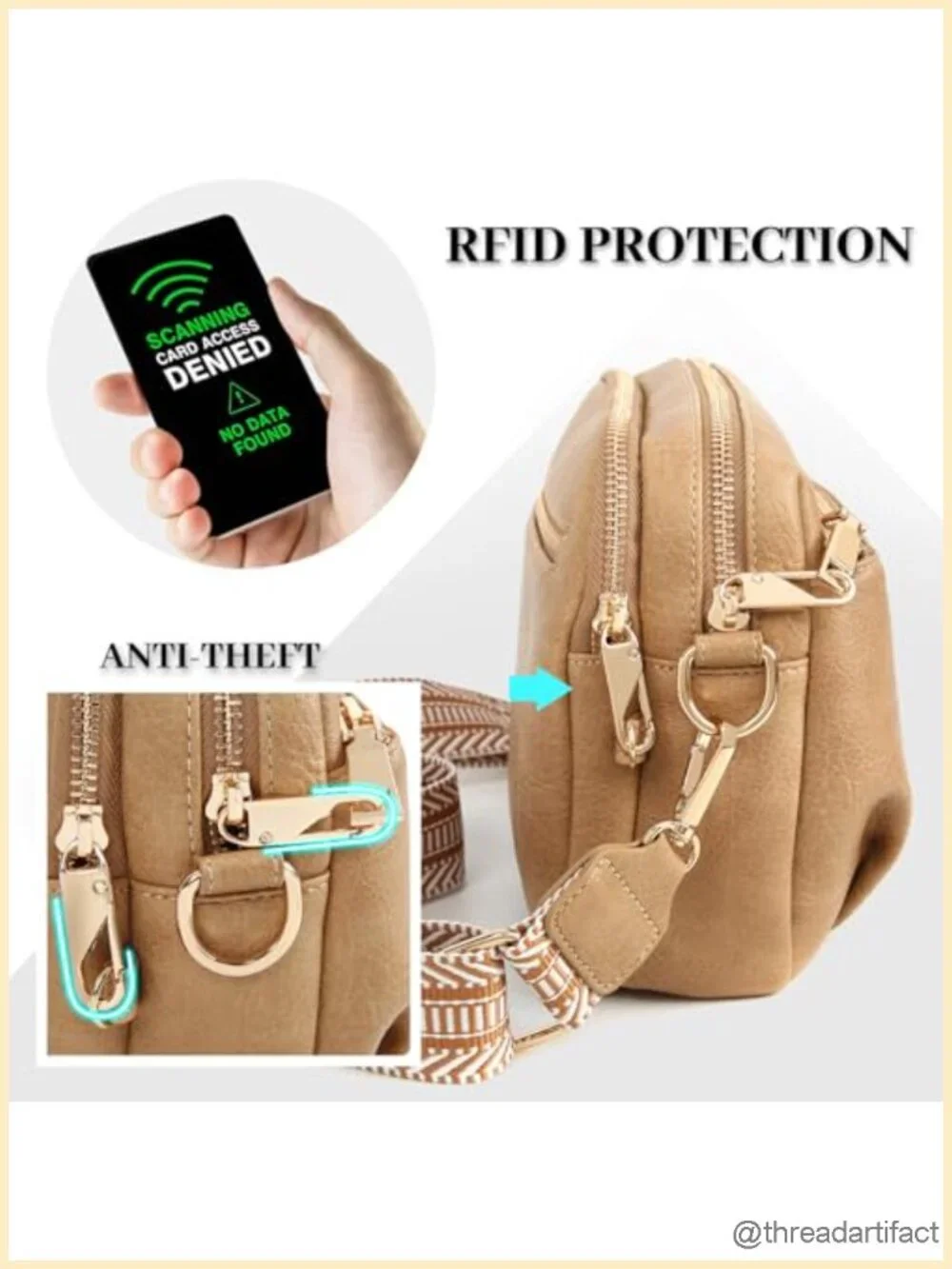 Vegan Leather Crossbody Bag Anti Theft RFID Blocking Multi Pockets Wide